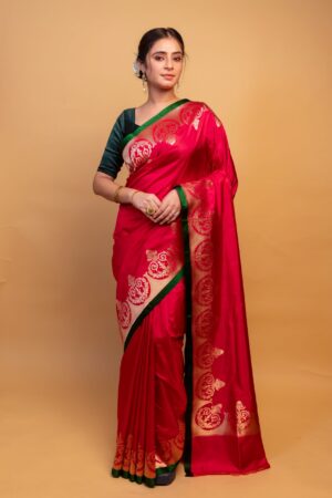 Red Pure Katan Silk Scallop Border Jari Work Saree