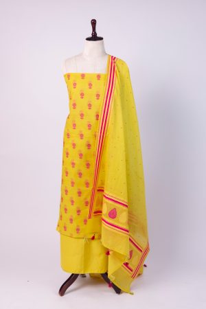 Bright Yellow Banarasi Cotton Silk Suit with Pink Meenakari Booti